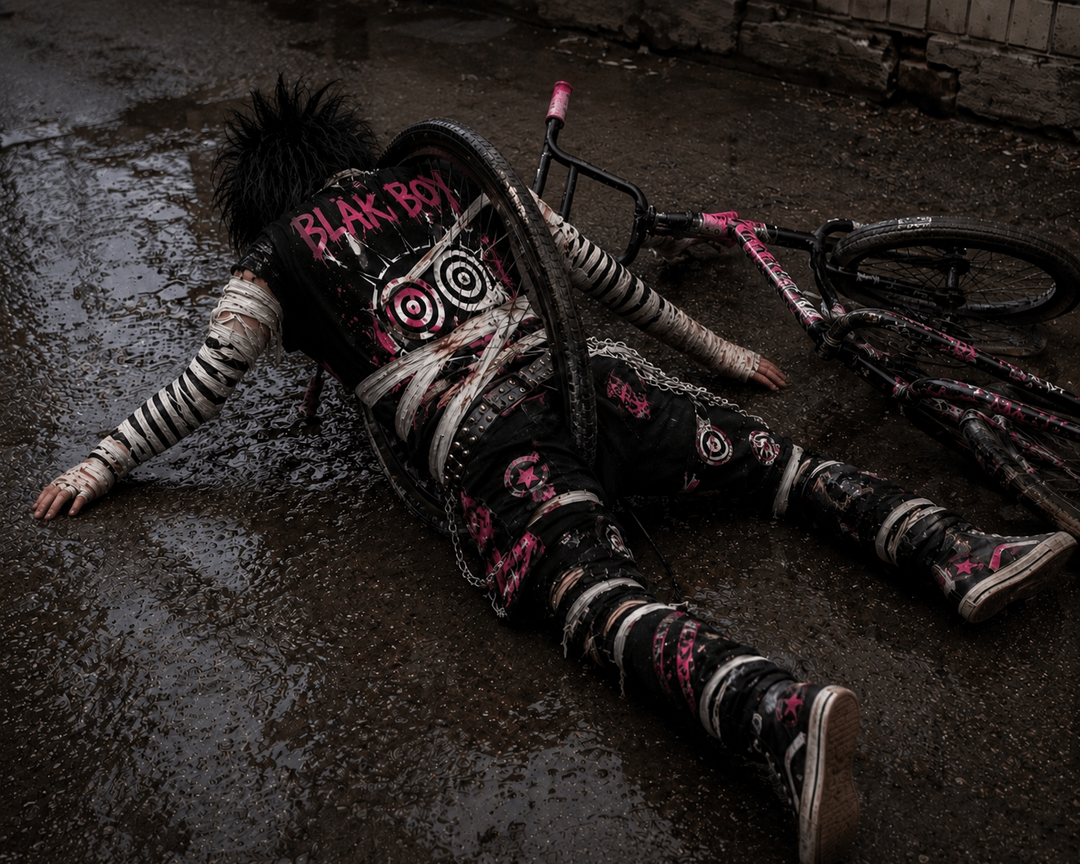 Person in punk streetwear with spiky black hair and tattoos lying on a wet asphalt street next to a fallen bicycle