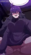 Albedo from Overlord anime art, a curvy woman with long purple hair in a black turtleneck, blushing and smiling.