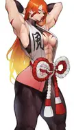 Muscular anime woman with orange hair, red body markings, and a rope belt in an erotic wrestling pose