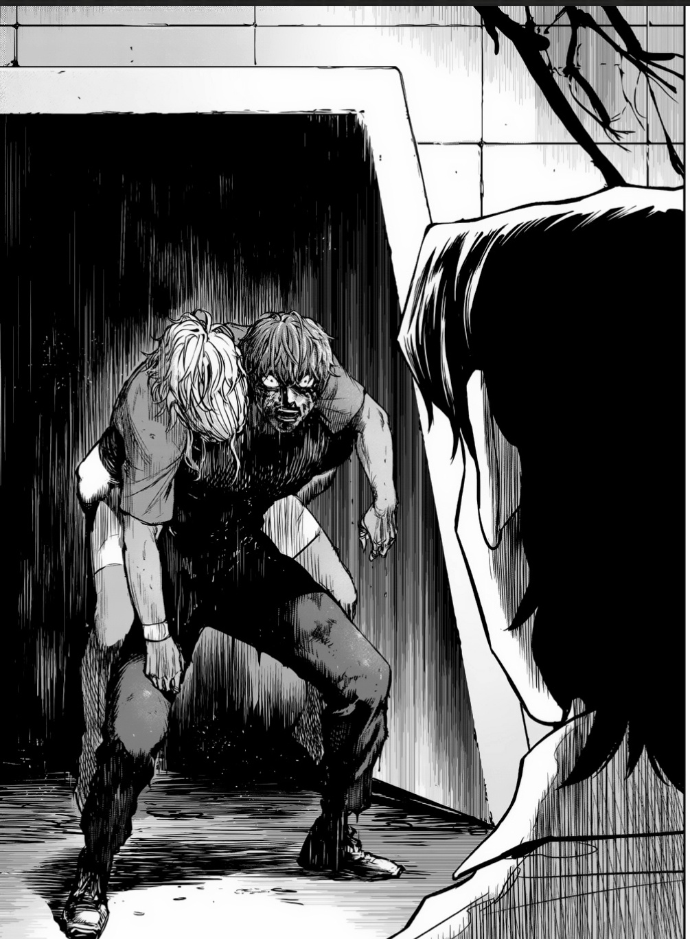 Muscular man attacking a slim blonde woman in a dark industrial setting, manhwa style art.