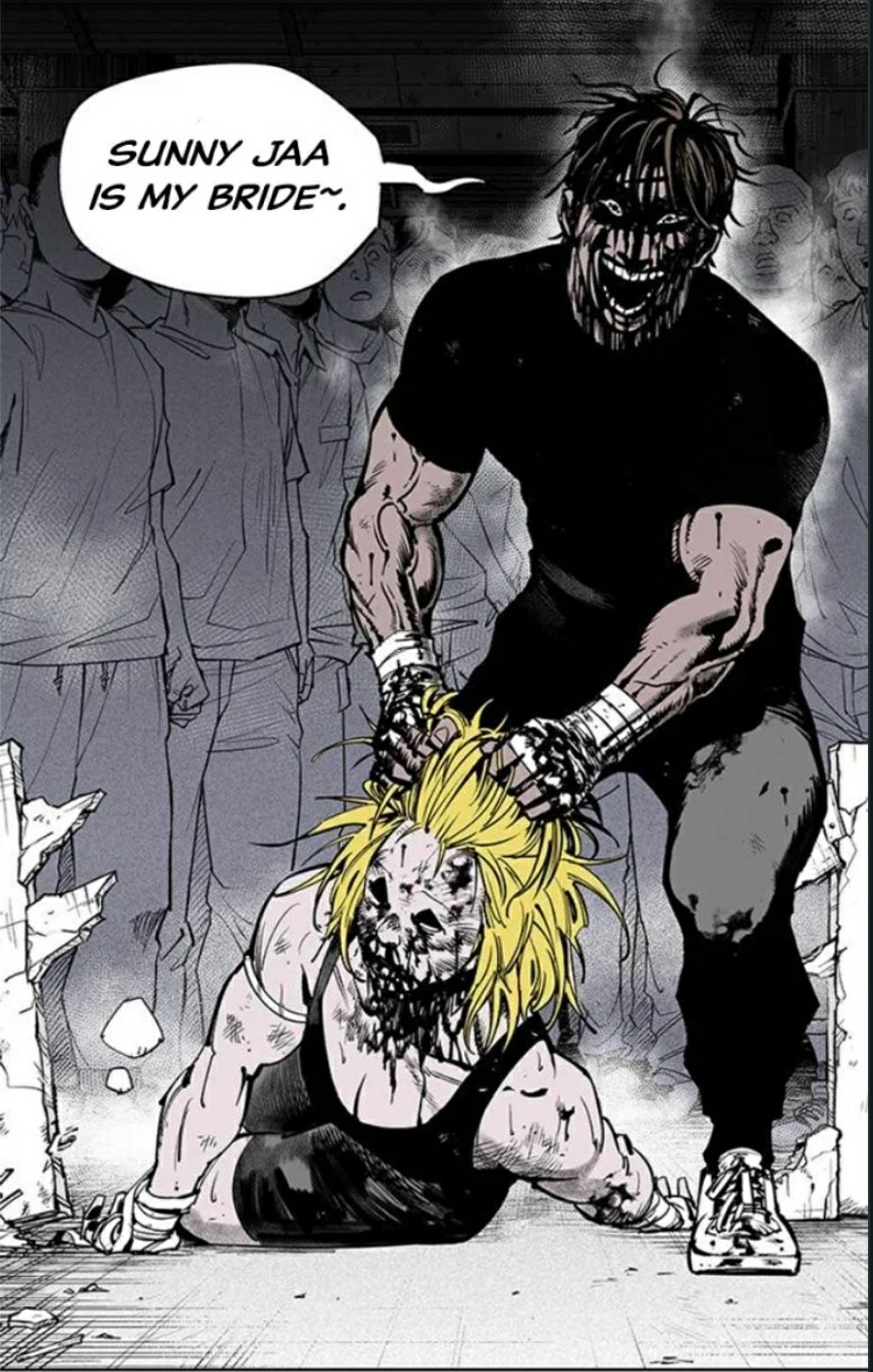 Muscular man attacking a slim blonde woman in a dark industrial setting, manhwa style art.