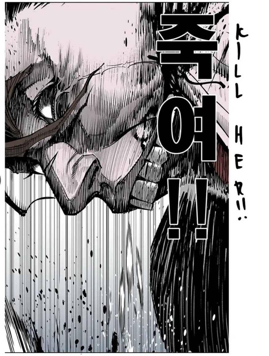 Muscular man attacking a slim blonde woman in a dark industrial setting, manhwa style art.