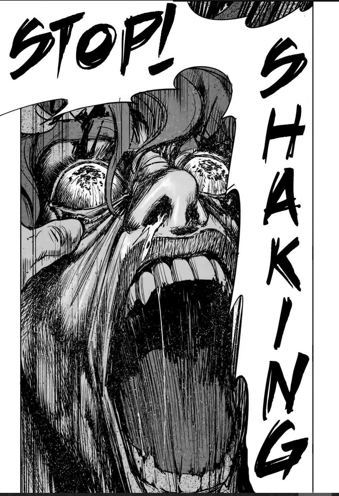 Muscular man attacking a slim blonde woman in a dark industrial setting, manhwa style art.