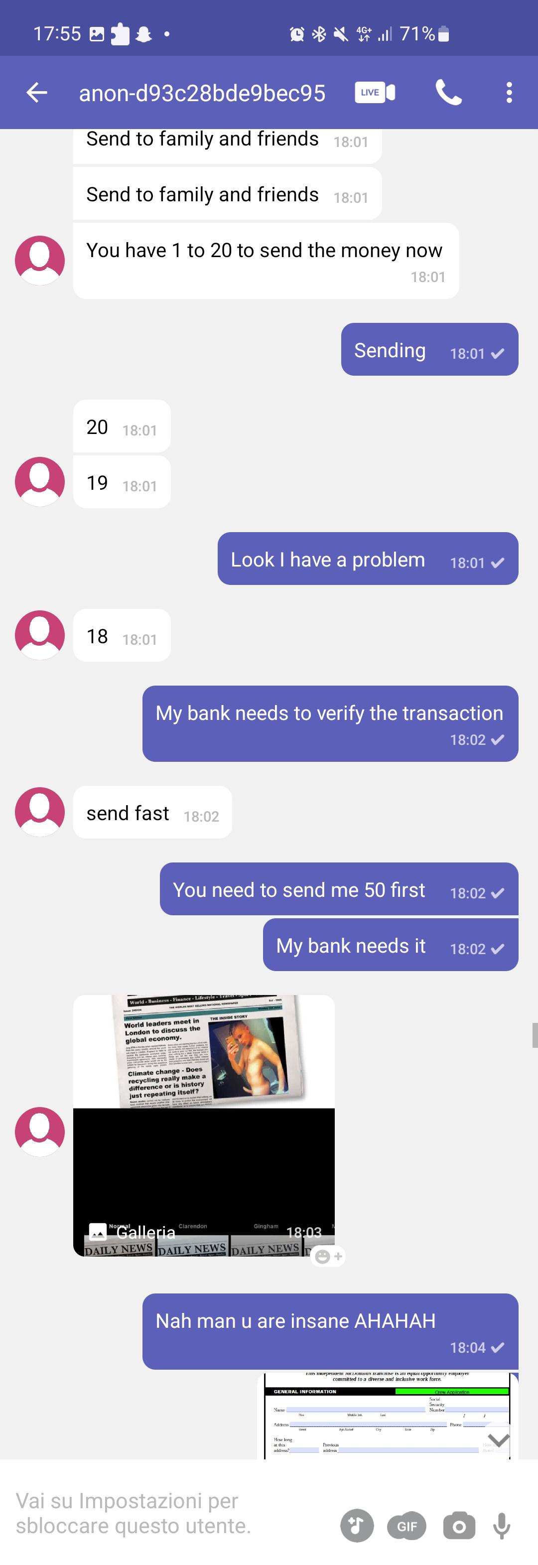 Scambaiting screenshots of a sextortion attempt on Telegram featuring a fake McDonald's job application