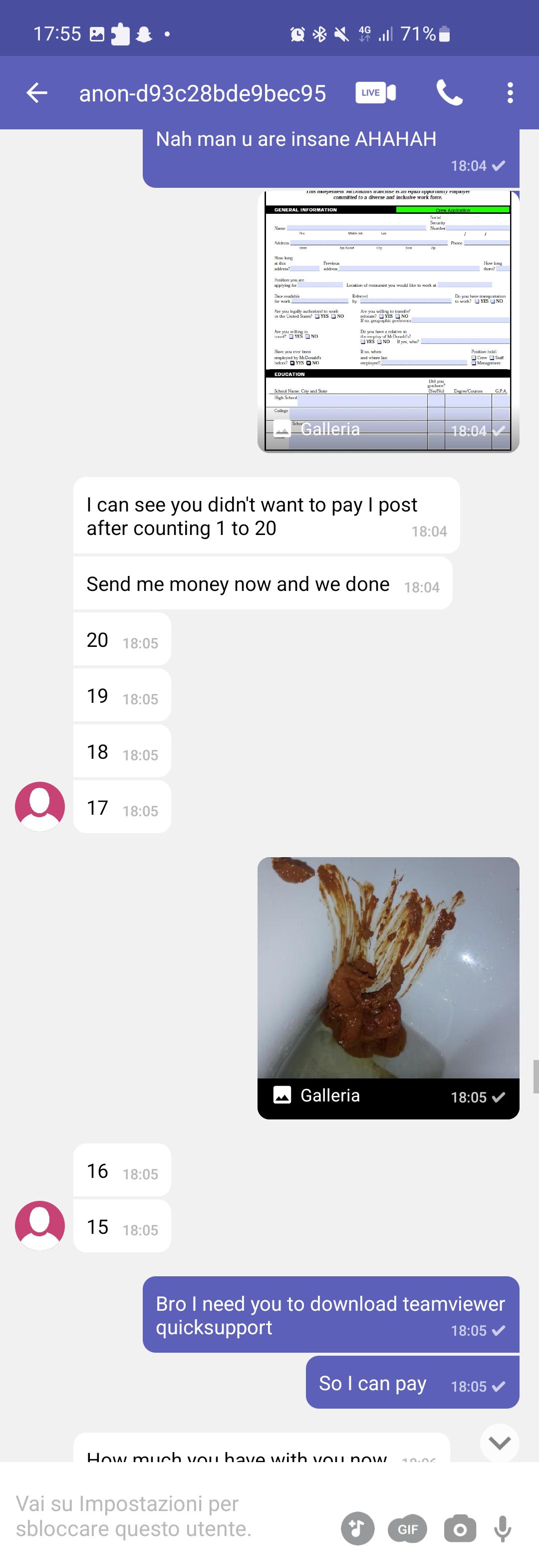 Scambaiting screenshots of a sextortion attempt on Telegram featuring a fake McDonald's job application