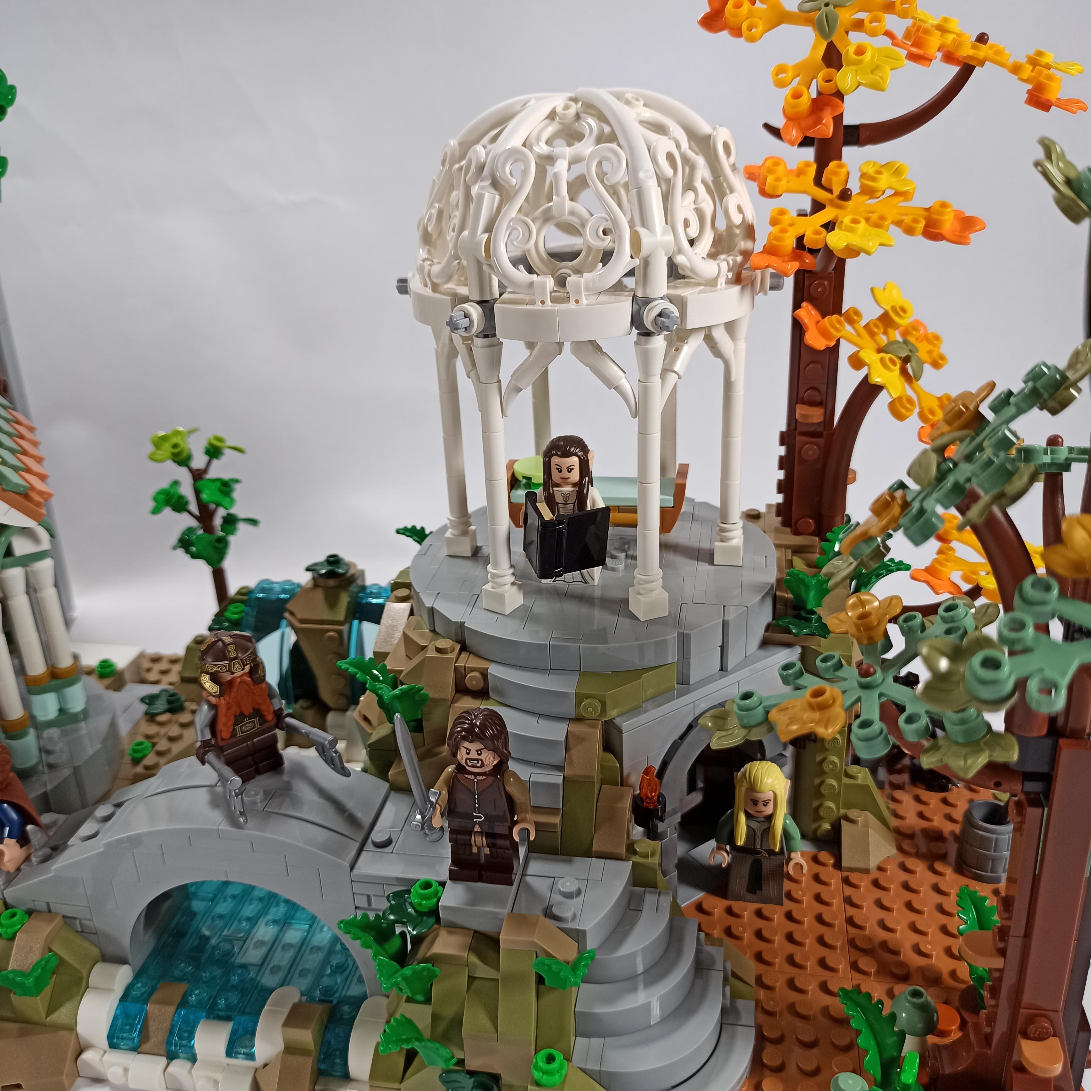 LEGO Icons 10316 The Lord of the Rings Rivendell diorama with minifigures in a forest setting