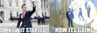 Political humor meme with text 'HOW IT STARTED HOW ITS GOING' showing a man in a suit and then being led by police.