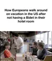 A man in a white shirt walking with a wide, awkward gait in a diner, a dank meme about missing bidets on vacation.