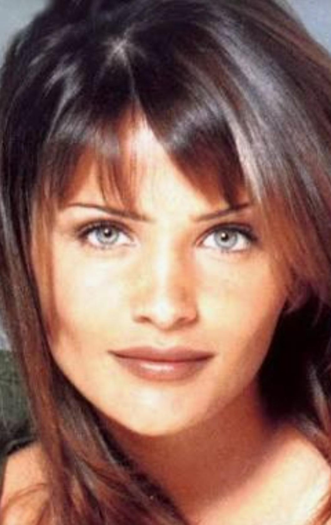 Paulina Porizkova with various hairstyles, wearing swimwear and tops in professional photos.