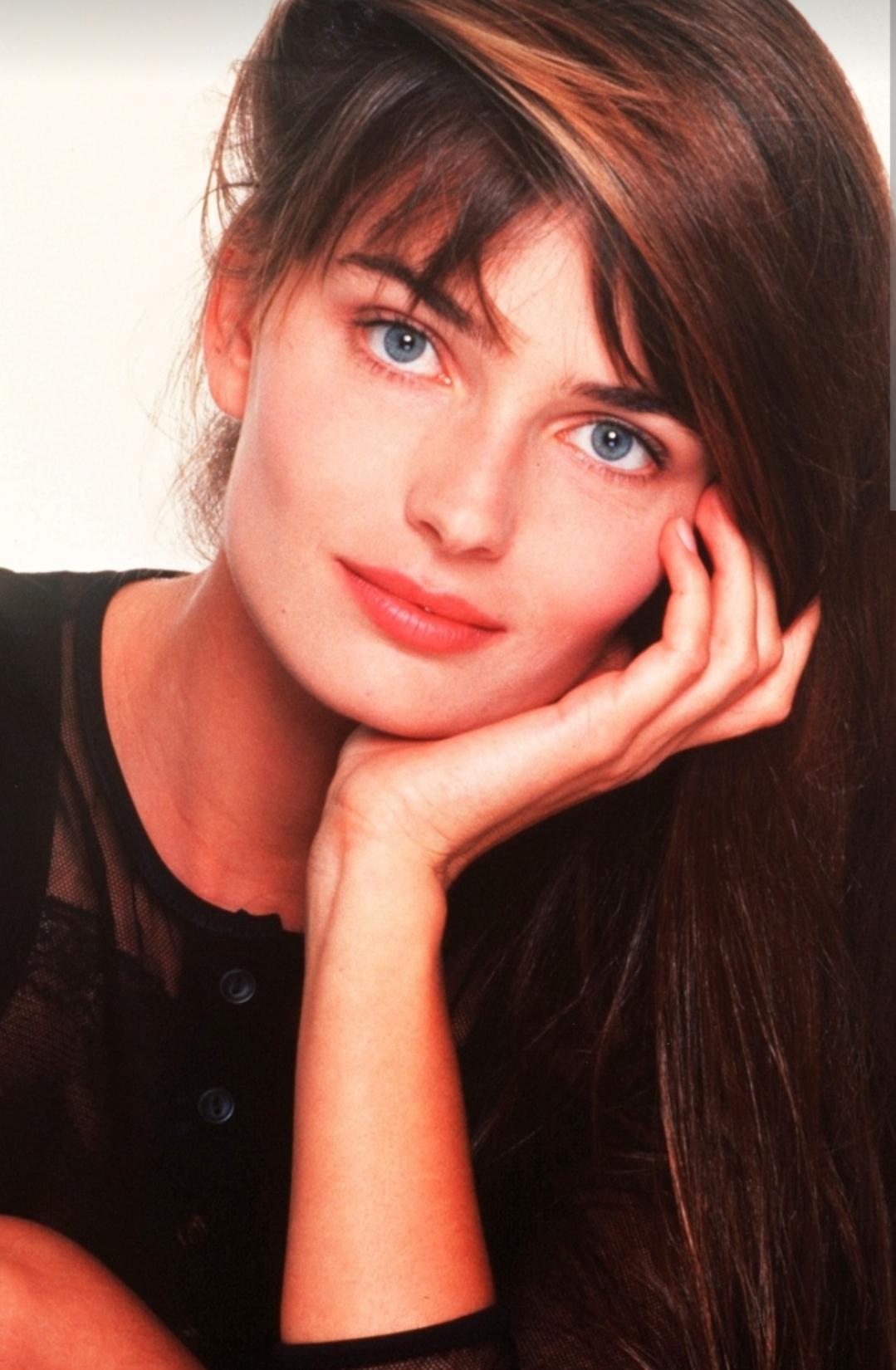 Paulina Porizkova with various hairstyles, wearing swimwear and tops in professional photos.