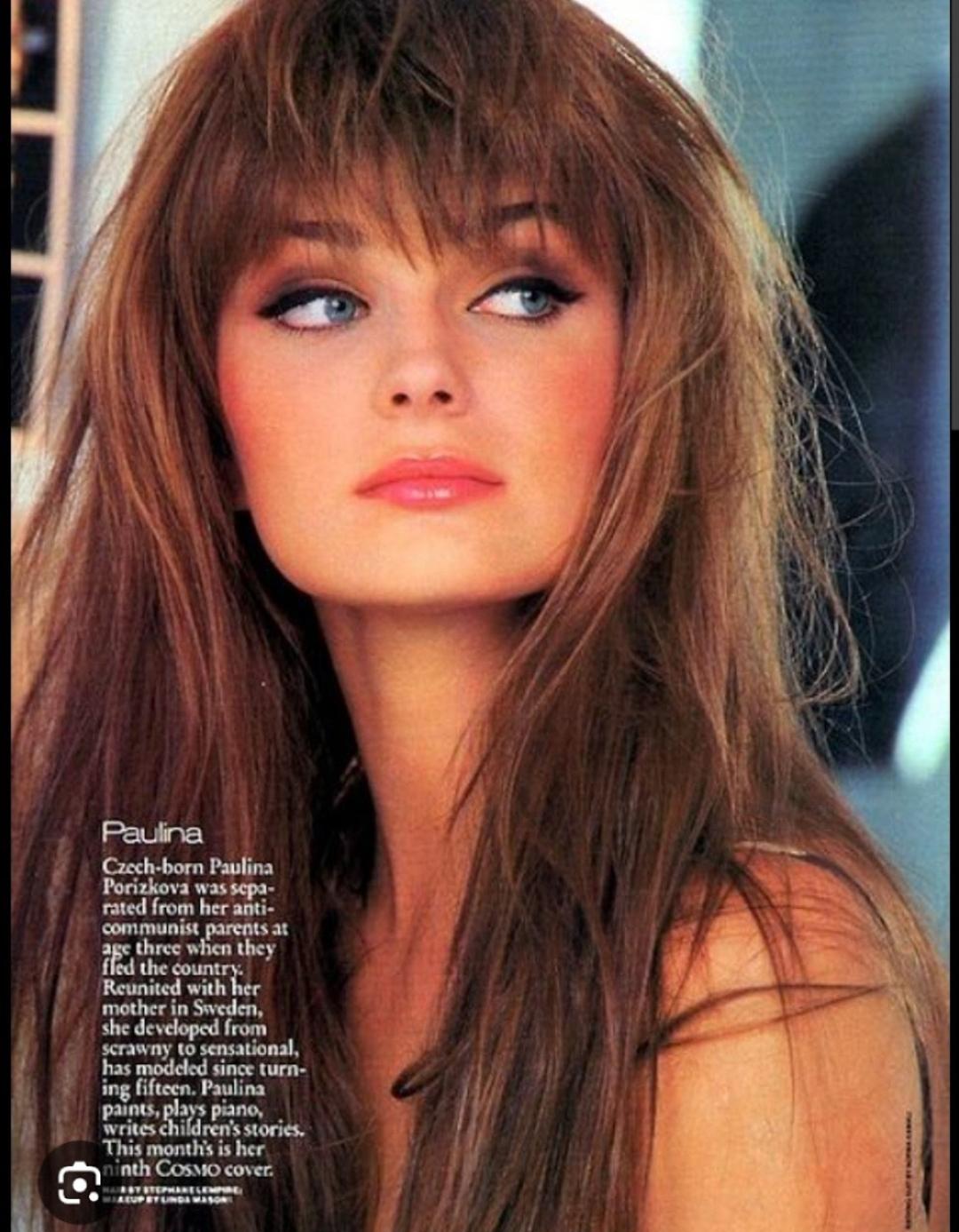 Paulina Porizkova with various hairstyles, wearing swimwear and tops in professional photos.