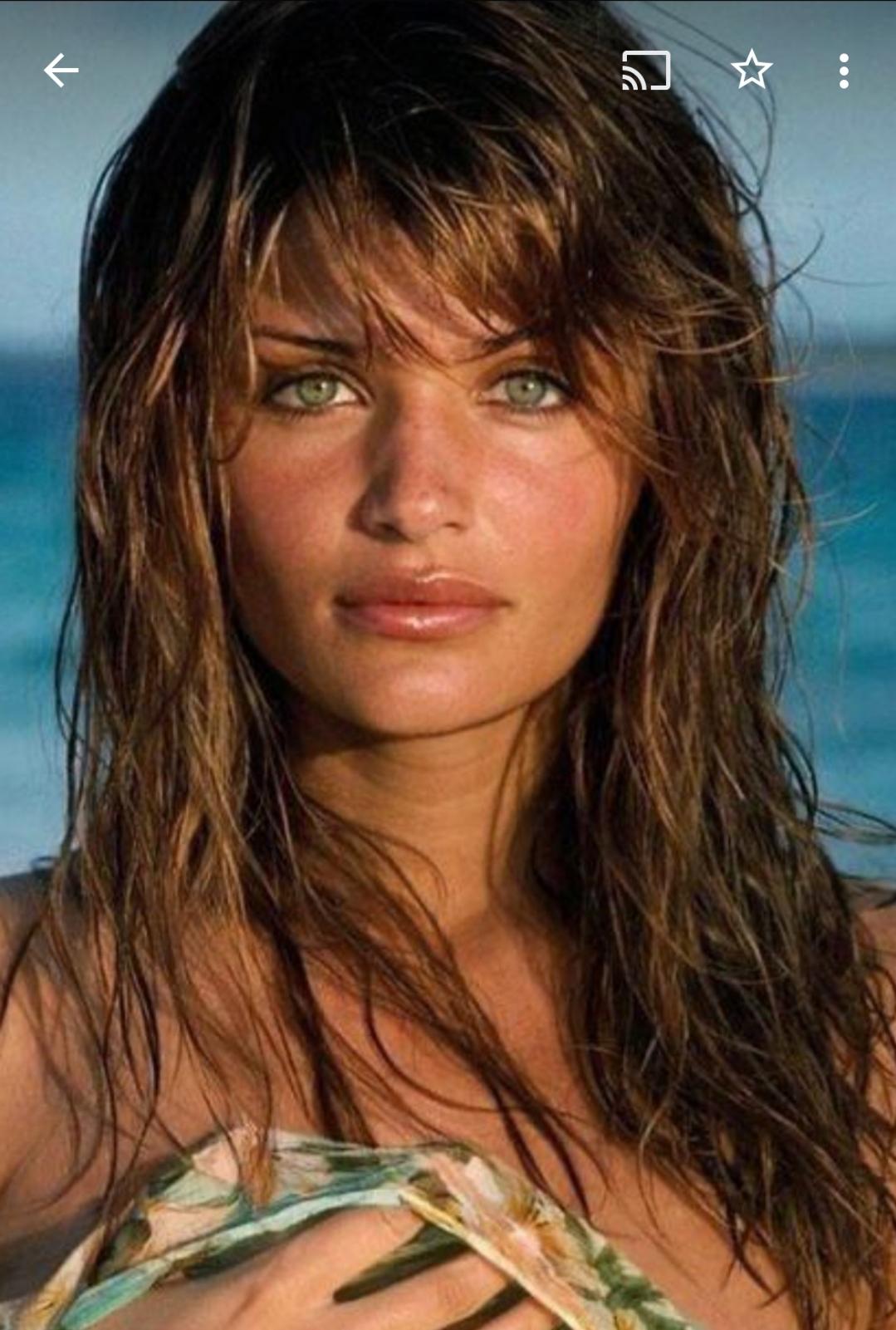Paulina Porizkova with various hairstyles, wearing swimwear and tops in professional photos.