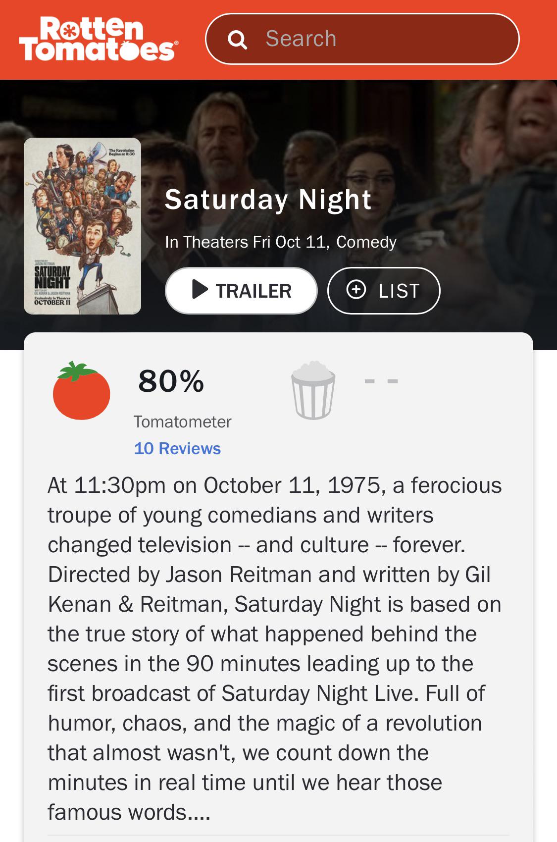 Snl Rotten Tomatoes ‘Saturday Night’ debuts with 80% on Rotten Tomatoes | Scrolller
