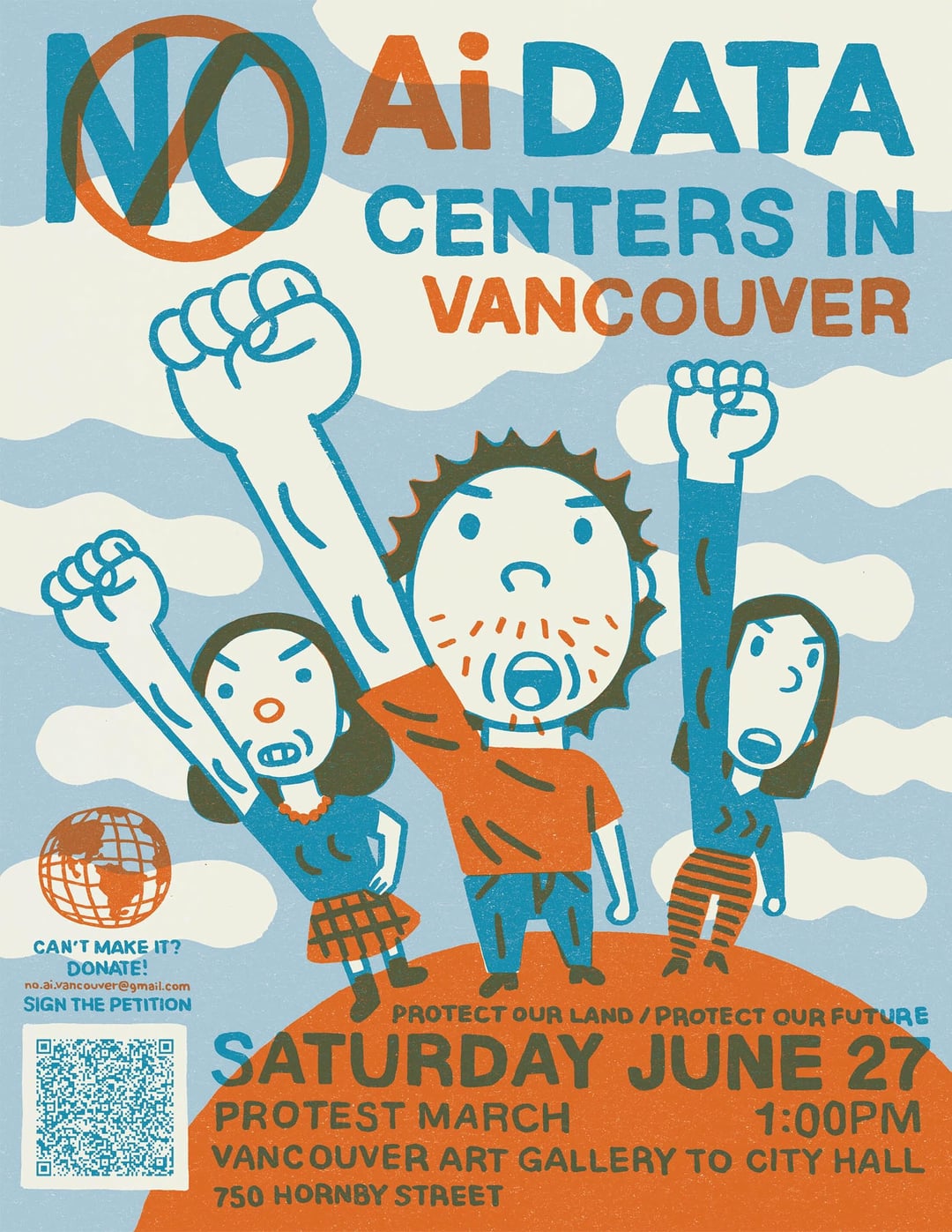 Protest poster against AI data centers in Vancouver with three cartoonish figures raising fists and a globe icon