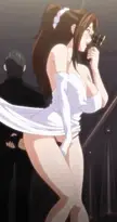 Albedo from Overlord anime in a white bride dress experiencing a wardrobe malfunction while drinking from a glass