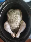 Whole medium chicken trussed up a little so it doesn't touch the sides. Seasoned with salt, pepper and thyme with nothing else added. No pics after, it was too good and very tender.