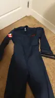 Home Made Ghostbusters grey flight suit made with coveralls, an egon patch from an old store bought costume and an online purchased Ghostbusters patch