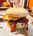 The Uncrustable Burger! Peanut butter and jelly buns, beef patty, bacon and egg, pepper jack cheese. Delicious.