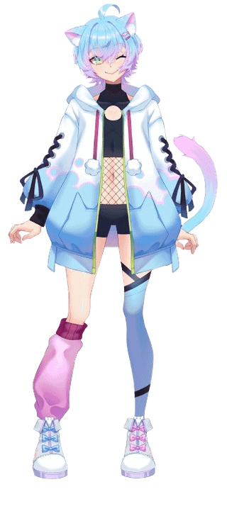 LineChu anime character with blue hair, cat ears, oversized blue and white hoodie, and mismatched leg warmers