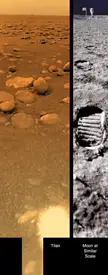 Huygens is the probe that landed on Saturns moon Titan. This is a composite image of the moon next to our moon.