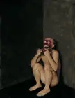 Xue Jiye oil painting of a pale slim nude man sitting in a dark corner wearing a red demon mask
