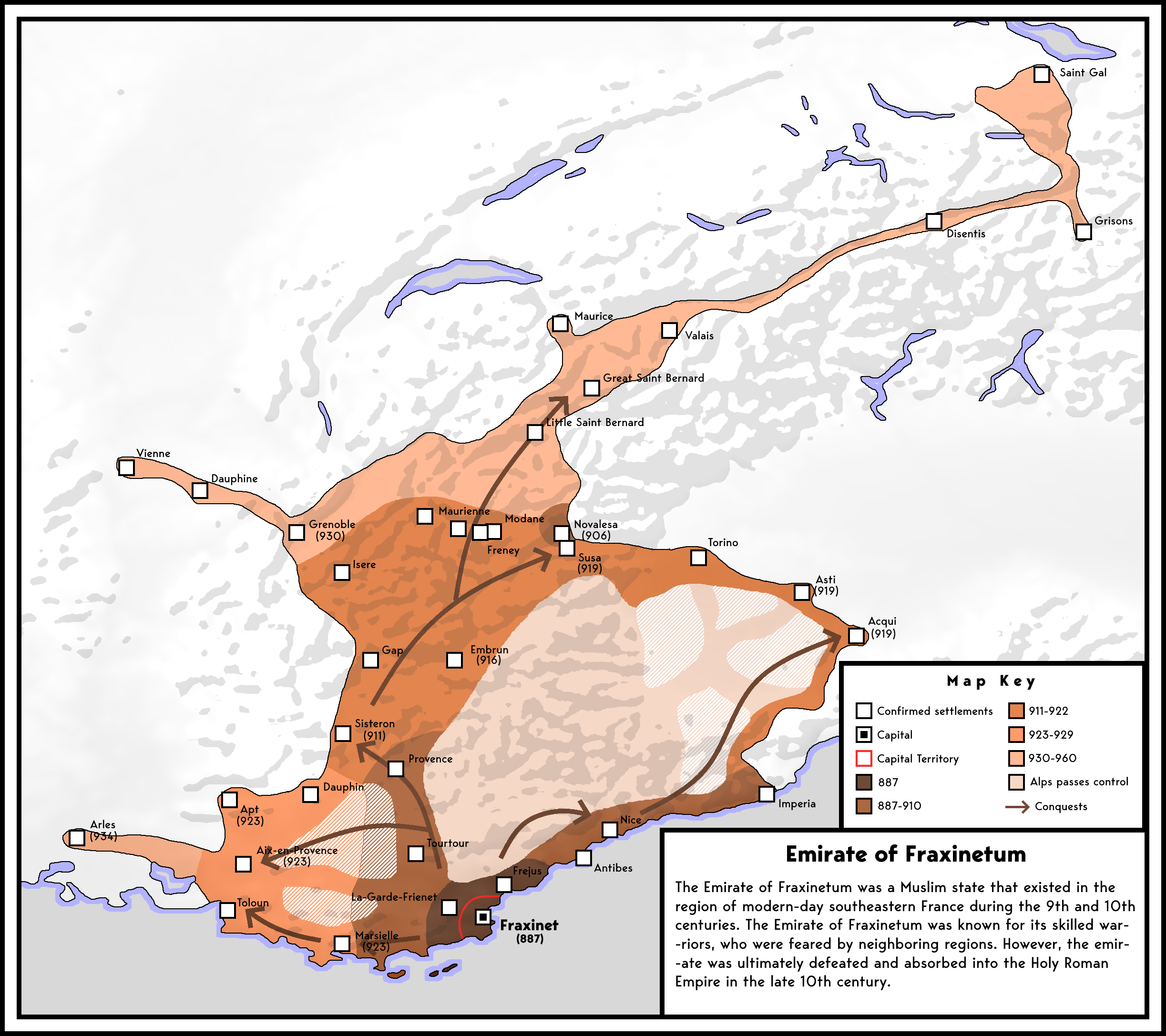 Expansion of the emirate of Fraxinetum (887-975) [OC] | Scrolller
