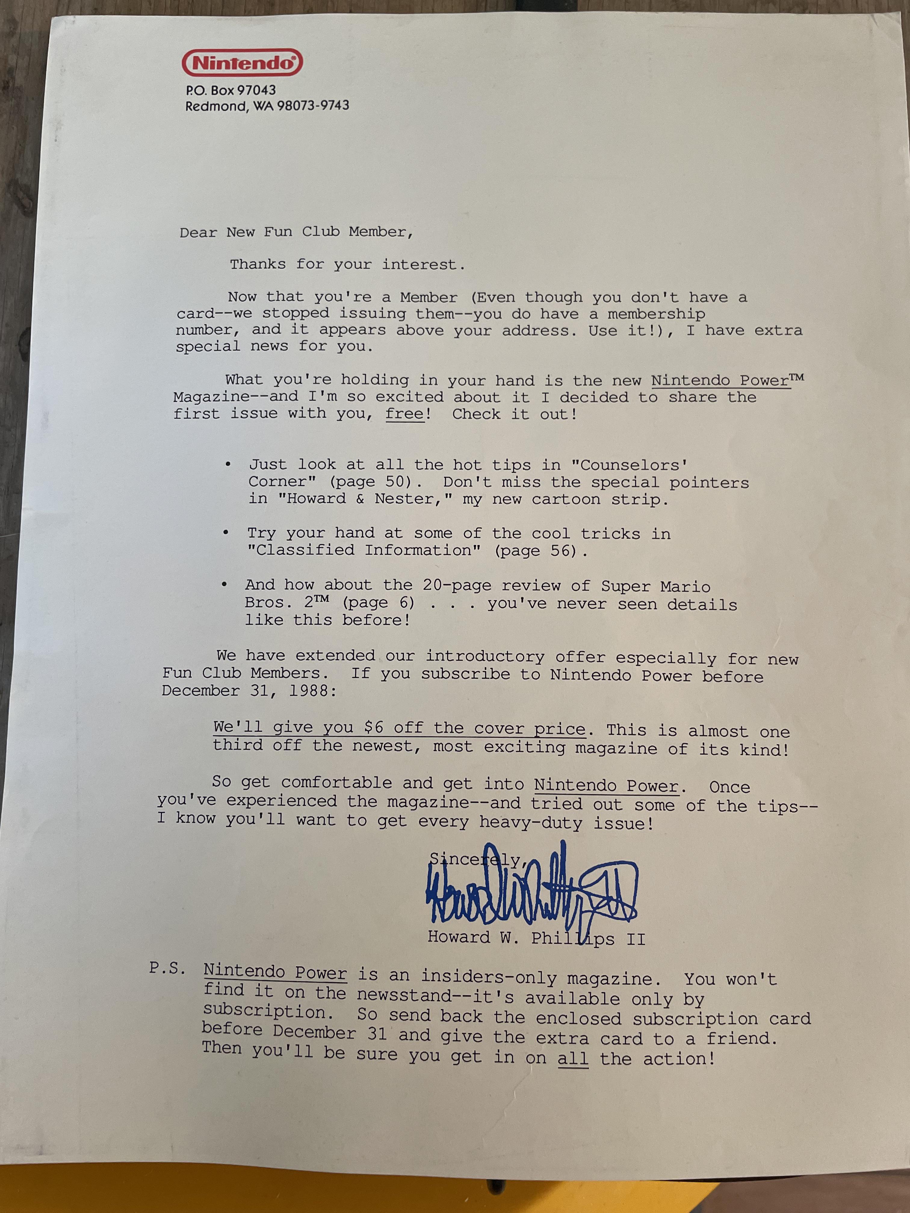 Nintendo Document Letter.pdf Original Nintendo Power Letter signed by Howard P | Scrolller