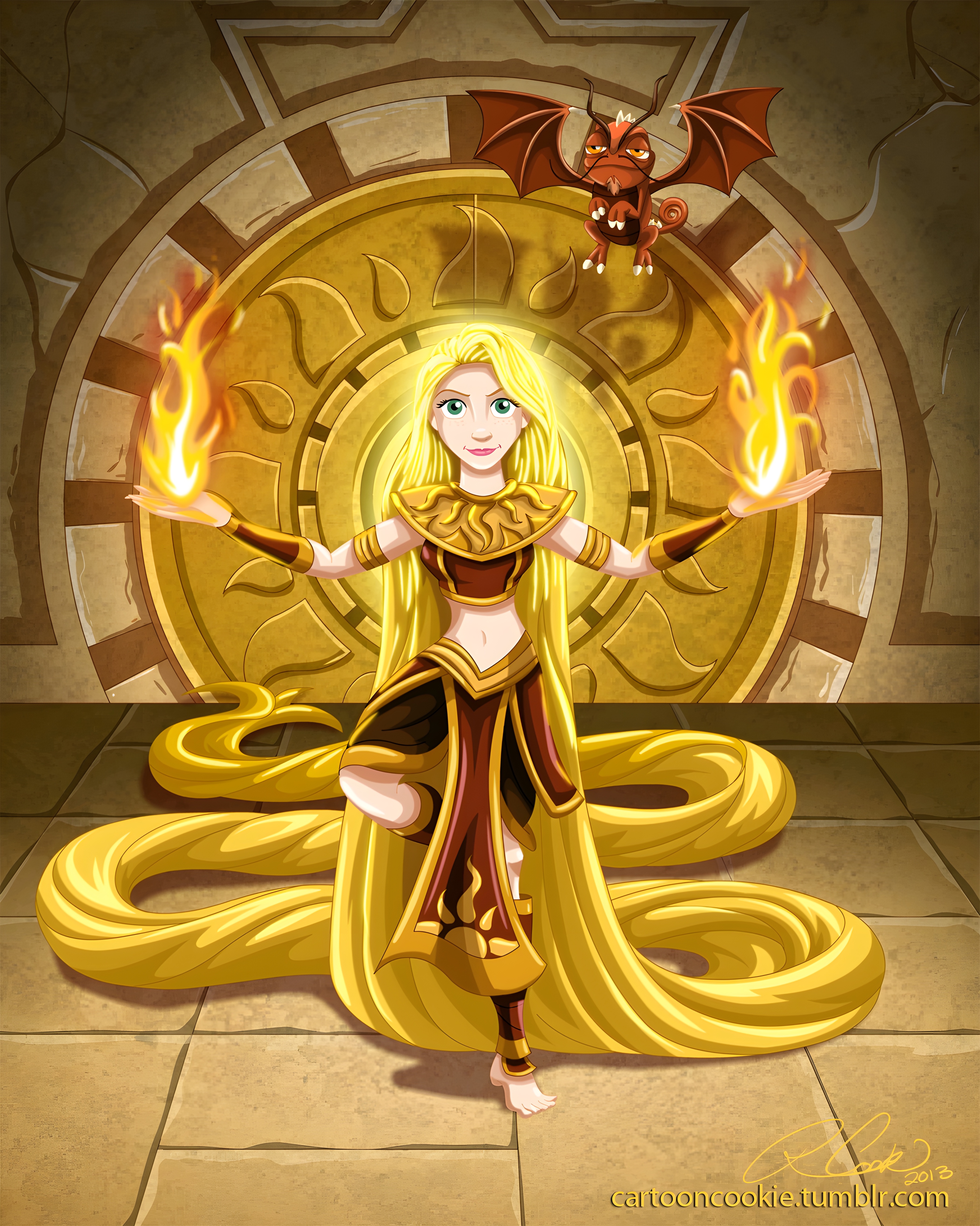 Firebender Dragon Firebender Rapunzel as the Ancient Sun Warrior and her pet Pascal as a ...