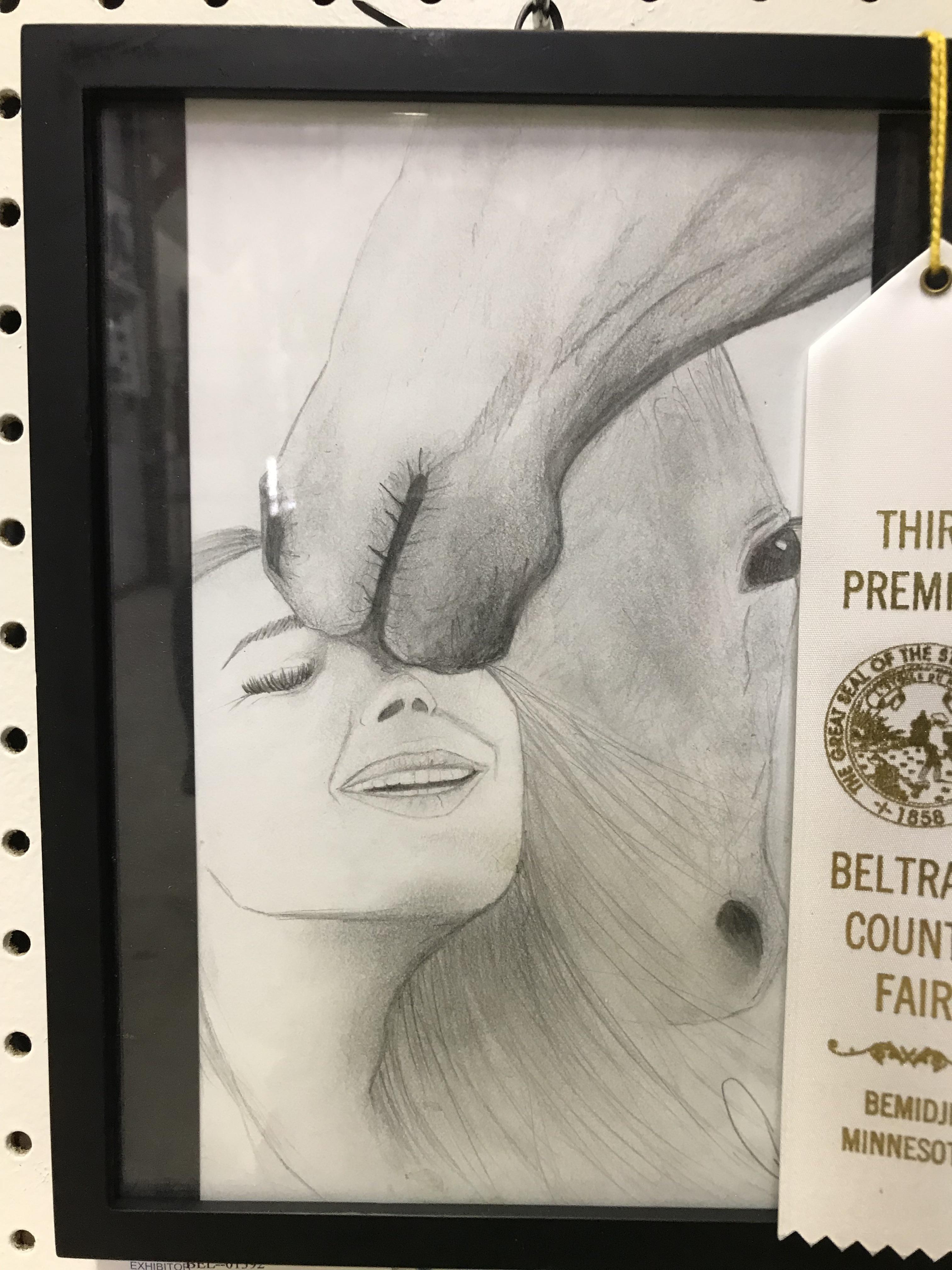 Pencil sketch of a smiling slim woman with closed eyes and a hand on her forehead, county fair contest art.