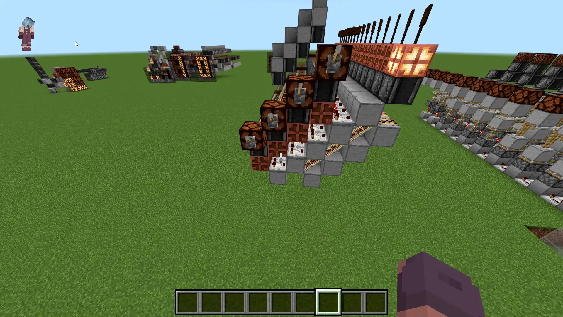 Four bit binary decoder with two digit seven segment display, tilable up to 9 bits(possibly with some tweaks and a hefty simulation distance), This is my forth attempt, this took me 8 hours :D had to get rid of the armor stands, but it was for the best :(
