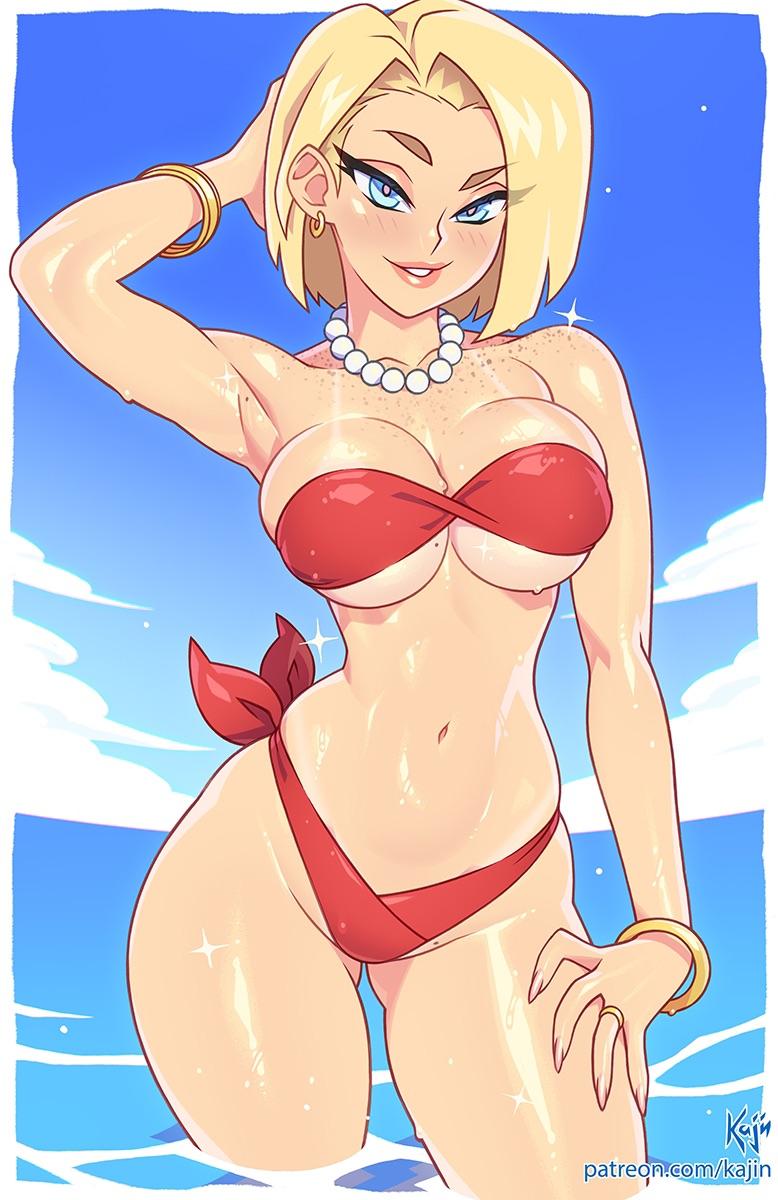 Anime art of a blonde white woman in a red bikini and a tanned Asian woman with blonde buns in a school uniform
