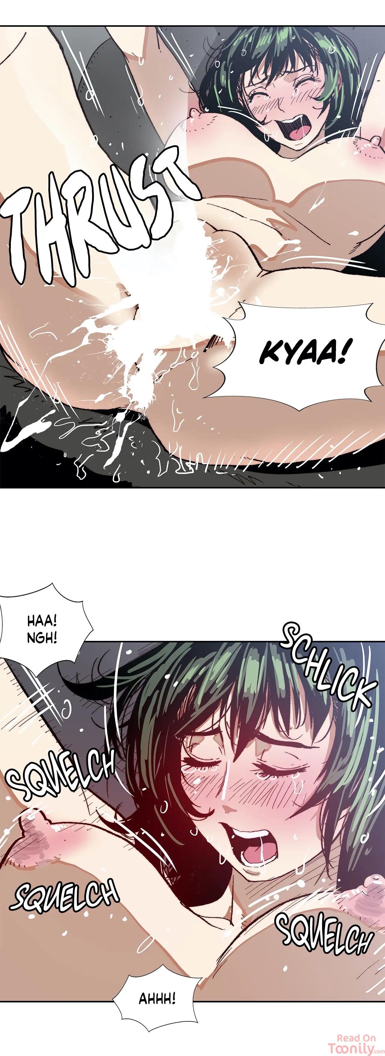 Pornhwa from Desire to Kill featuring a muscular man and busty woman with green hair in doggy style and missionary