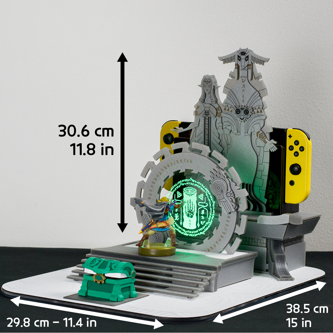 TotK Link amiibo diorama and Nintendo Switch docking station with LED lights and figurines