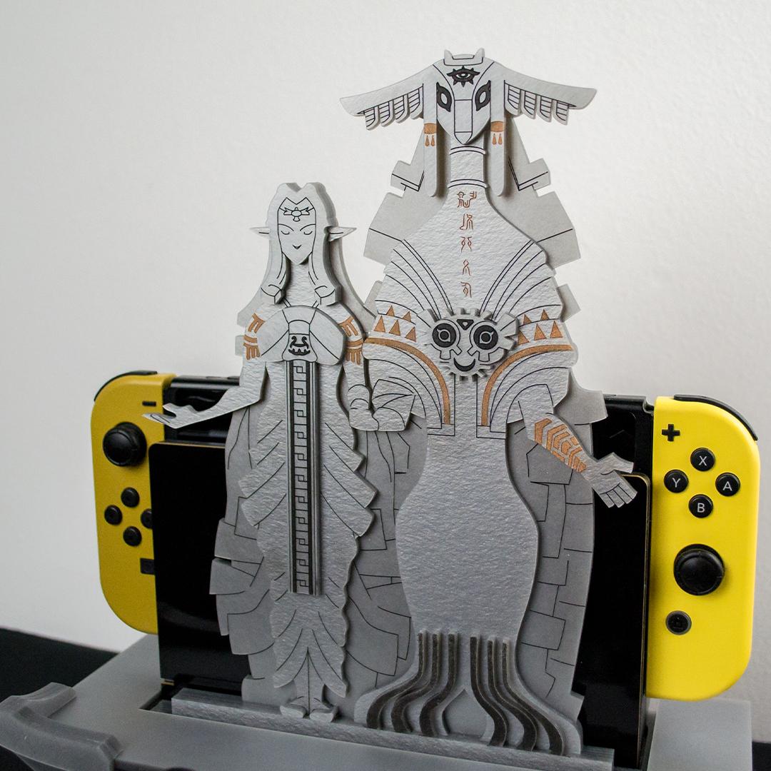 TotK Link amiibo diorama and Nintendo Switch docking station with LED lights and figurines