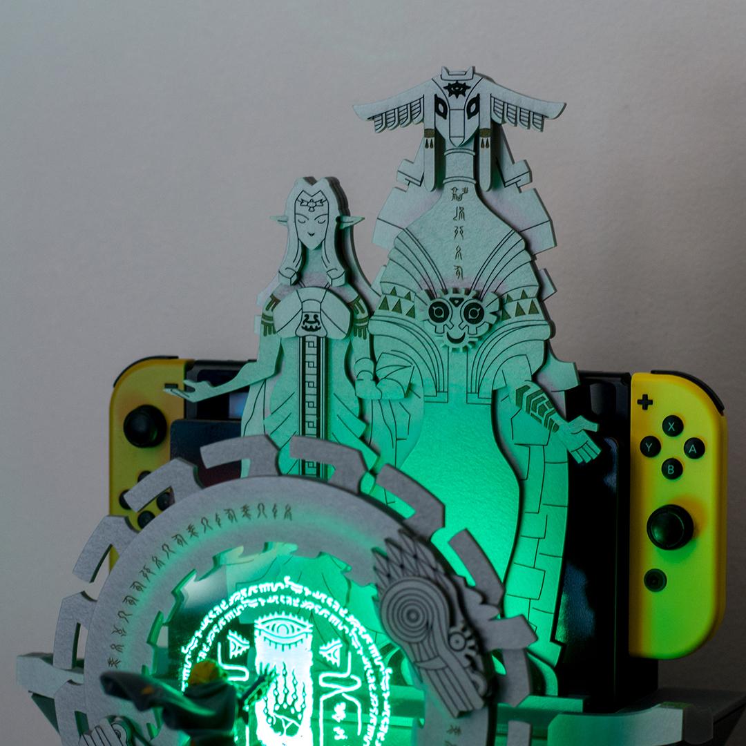 TotK Link amiibo diorama and Nintendo Switch docking station with LED lights and figurines