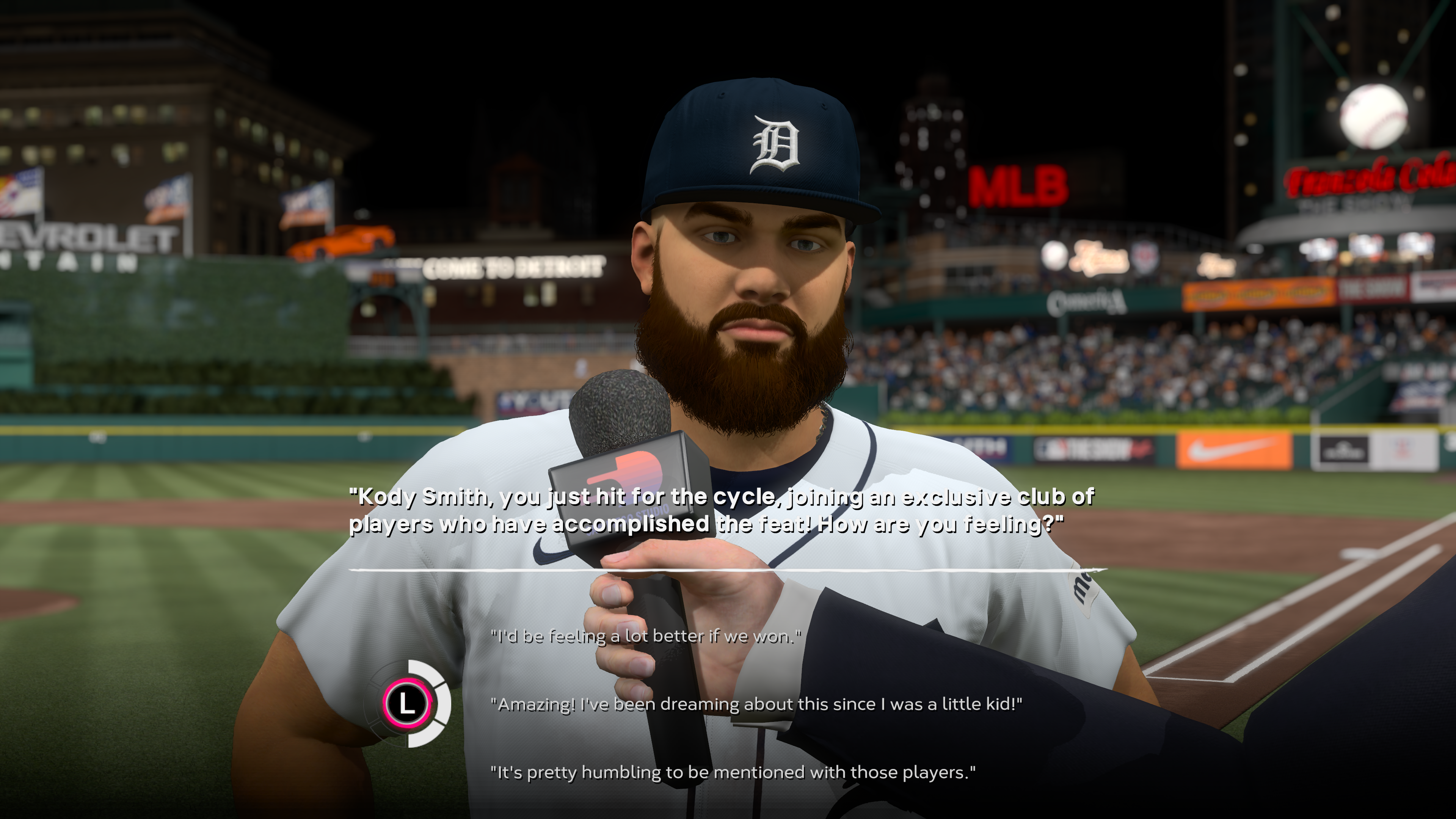 MLB The Show screenshot of Kody Smith, a stocky Detroit Tigers shortstop, with his character stat menu