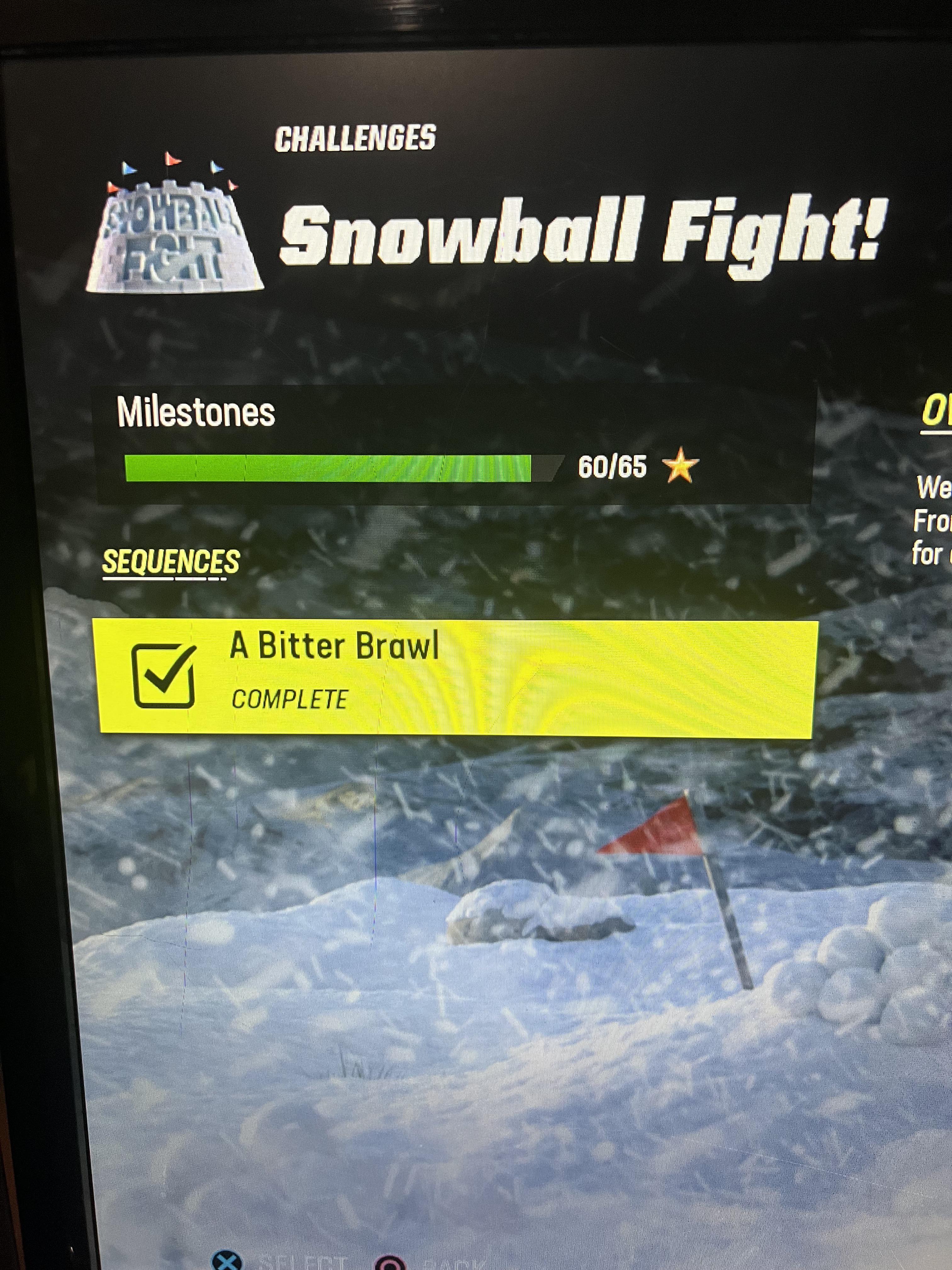 MUT Challenges screen for 'Snowball Fight!' showing 60/65 milestones and a completed 'A Bitter Brawl' sequence