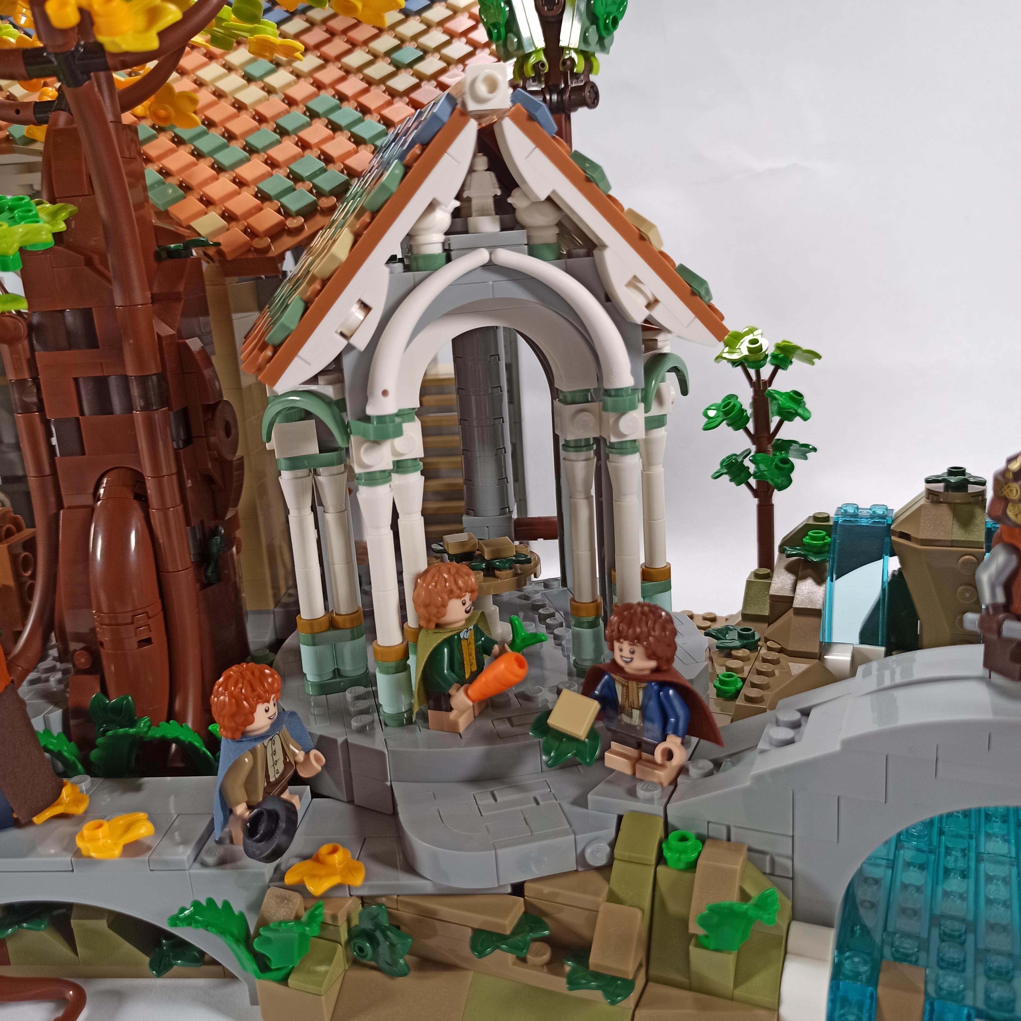 LEGO Icons 10316 The Lord of the Rings Rivendell diorama with minifigures in a forest setting