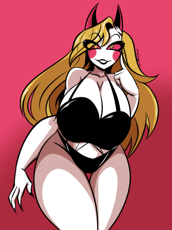 Busty curvy demon woman with white hair and pink skin in a suggestive pose, FNAF fan art.