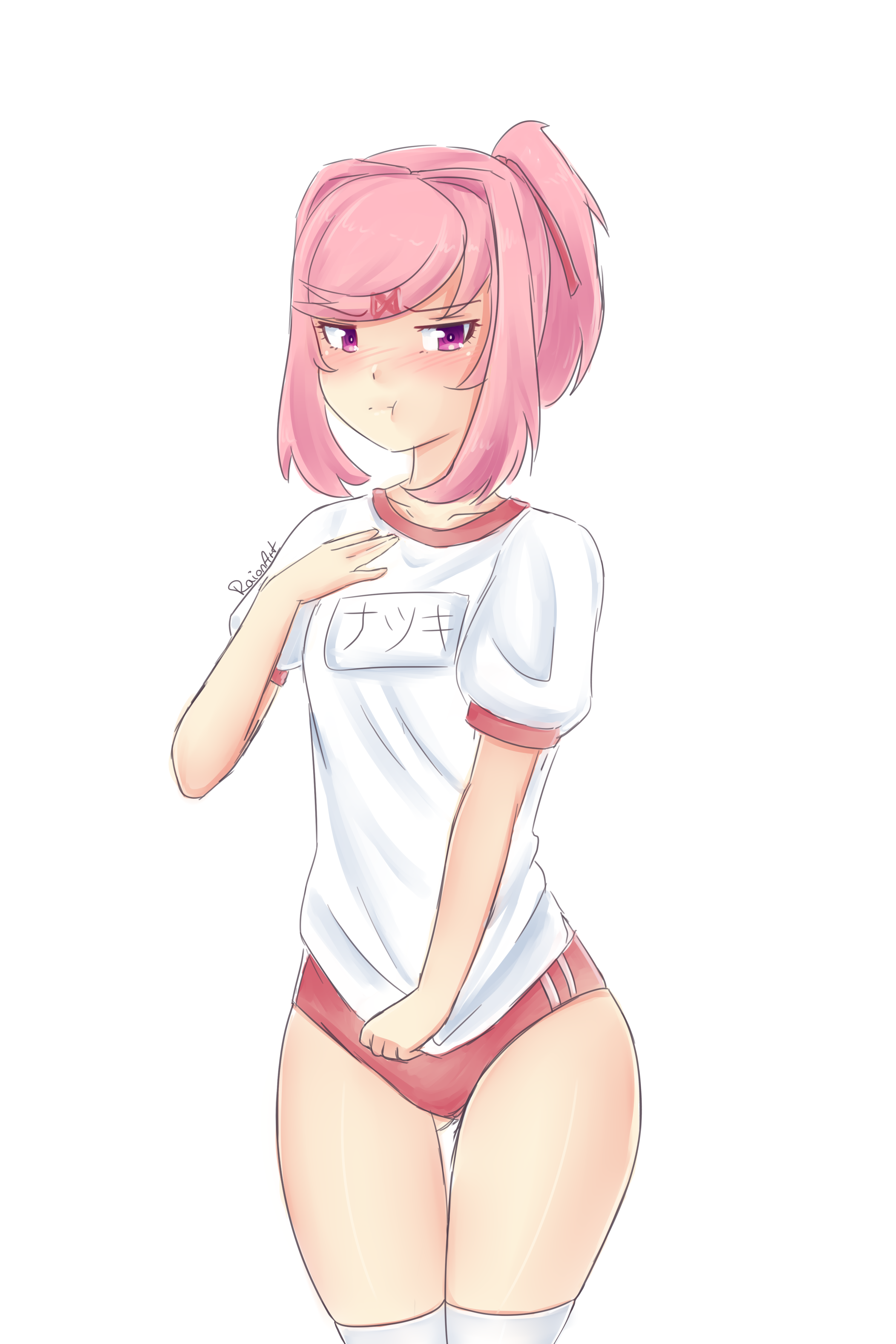 Busty curvy demon woman with white hair and pink skin in a suggestive pose, FNAF fan art.
