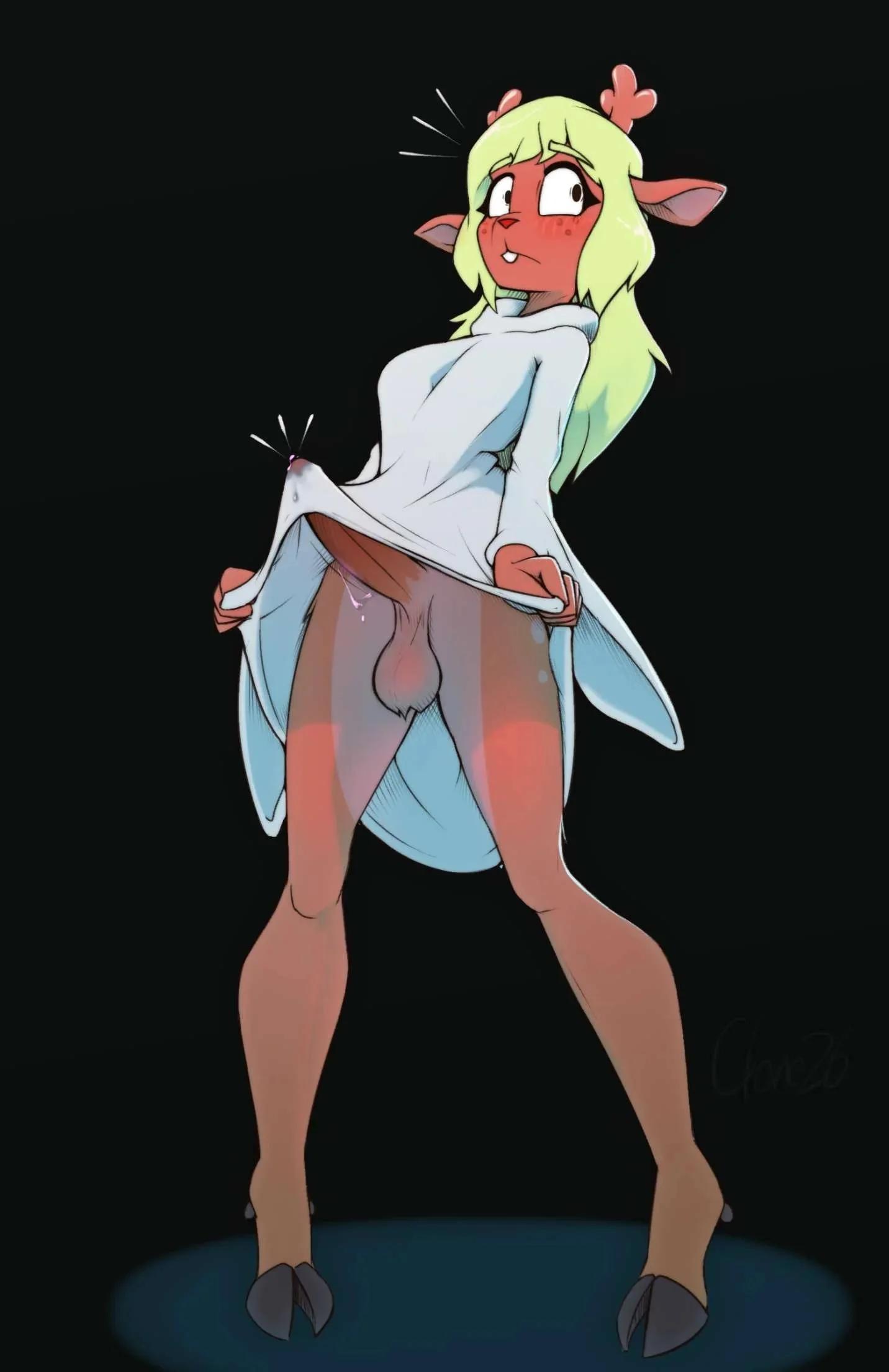 Busty curvy demon woman with white hair and pink skin in a suggestive pose, FNAF fan art.