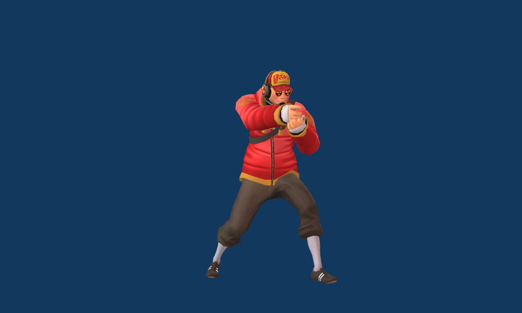 Two TF2 fashion advice 3D character models wearing a red jacket, brown pants, red cap, and headphones.