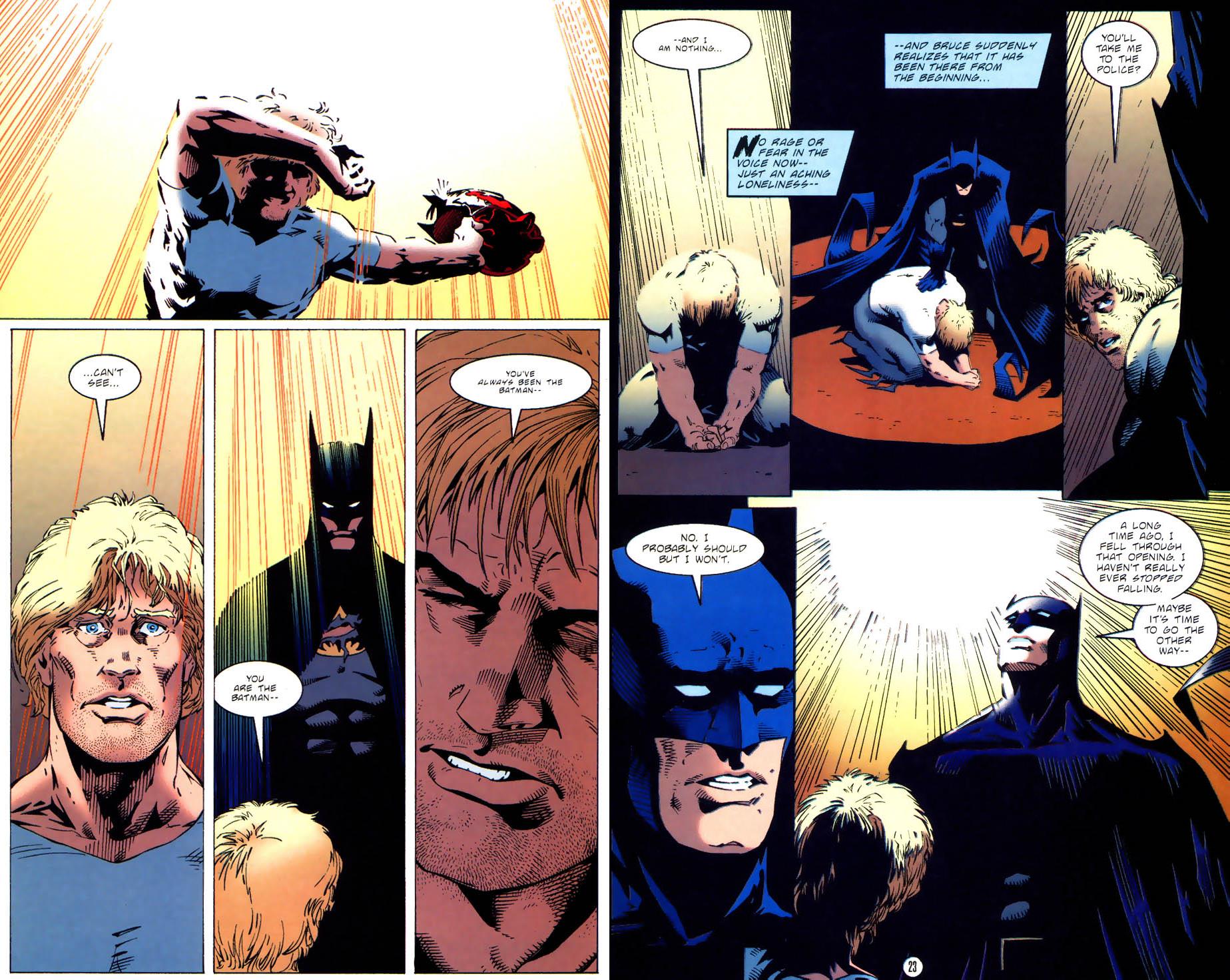 The climax of the whole Knightfall Saga is why I feel it aged better than most of the big 90s superhero mega-events. Batman defeats Az-Bats not thru violence but with compassion, unusually nuanced for a big event. Of course, it's the fitting that climax would be written by Dennis O'Neil, who else?