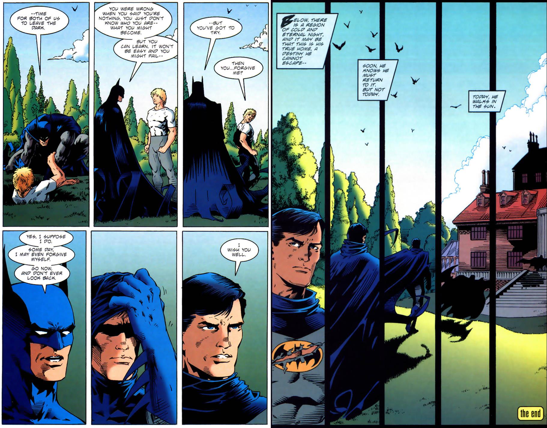 Batman DC comics art showing a muscular blonde man and a person in a bat costume with a cowl and cape.