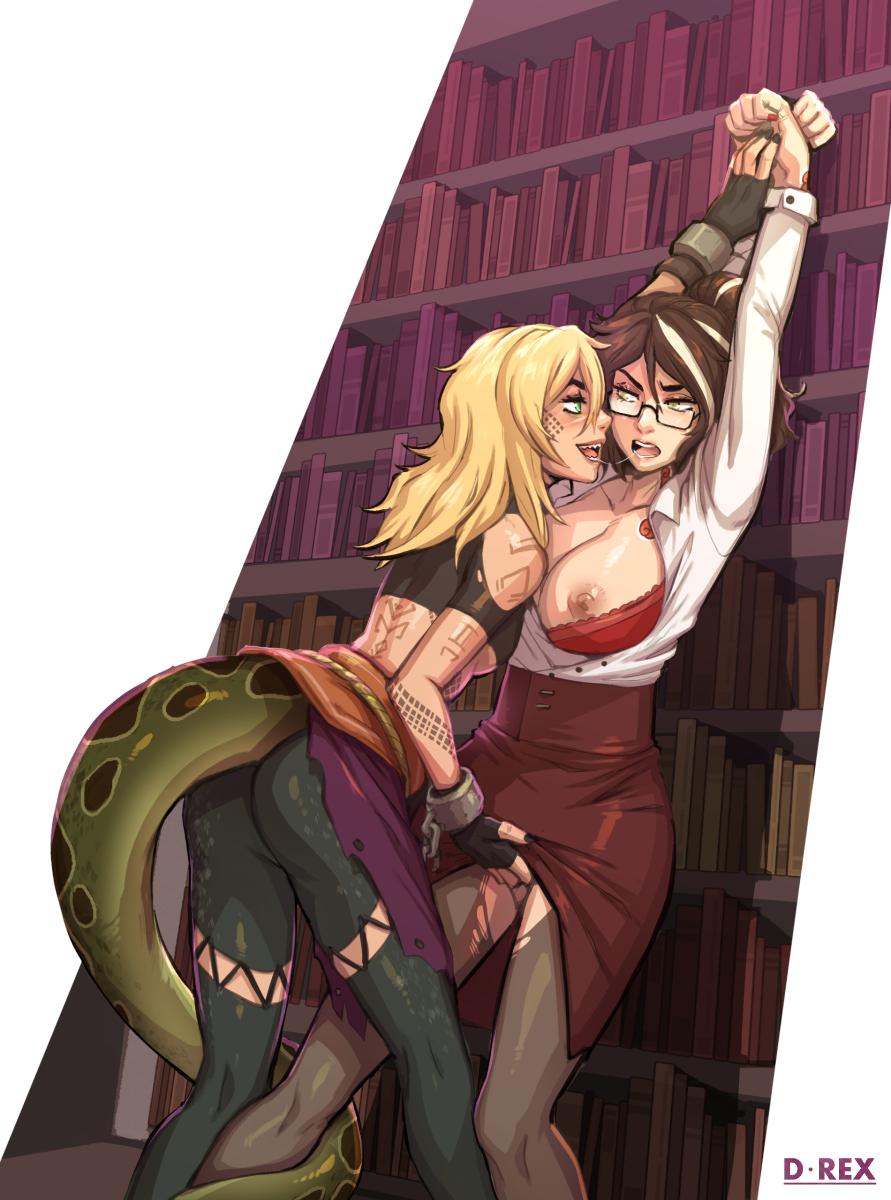 Hentai anime art of busty and slim women with blonde, white, pink, and purple hair in lesbian sexual situations.