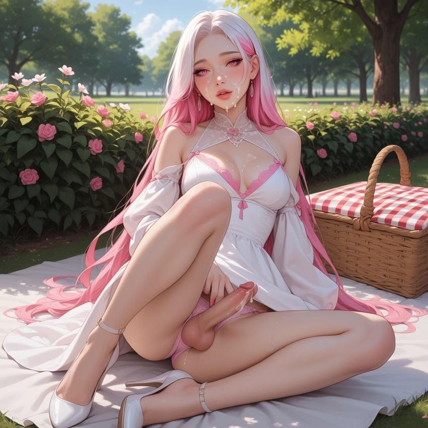 Futanari woman with pink hair in a white dress and a muscular man having sex at a picnic, anime art
