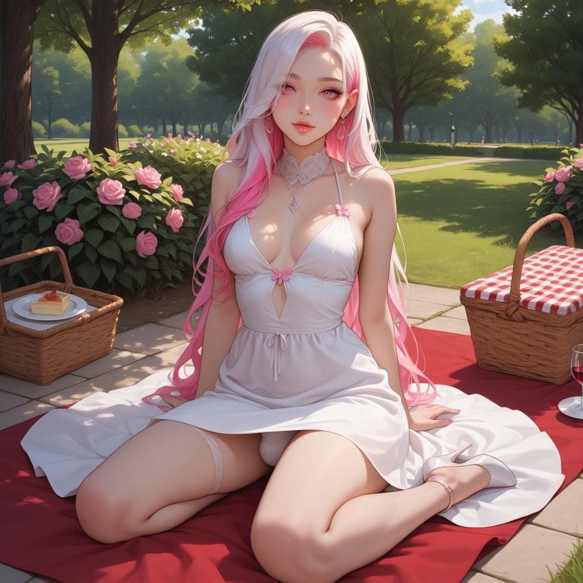 Futanari woman with pink hair in a white dress and a muscular man having sex at a picnic, anime art