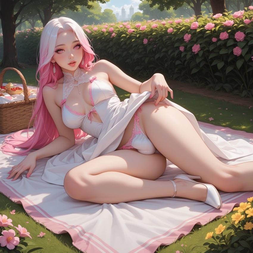 Futanari woman with pink hair in a white dress and a muscular man having sex at a picnic, anime art