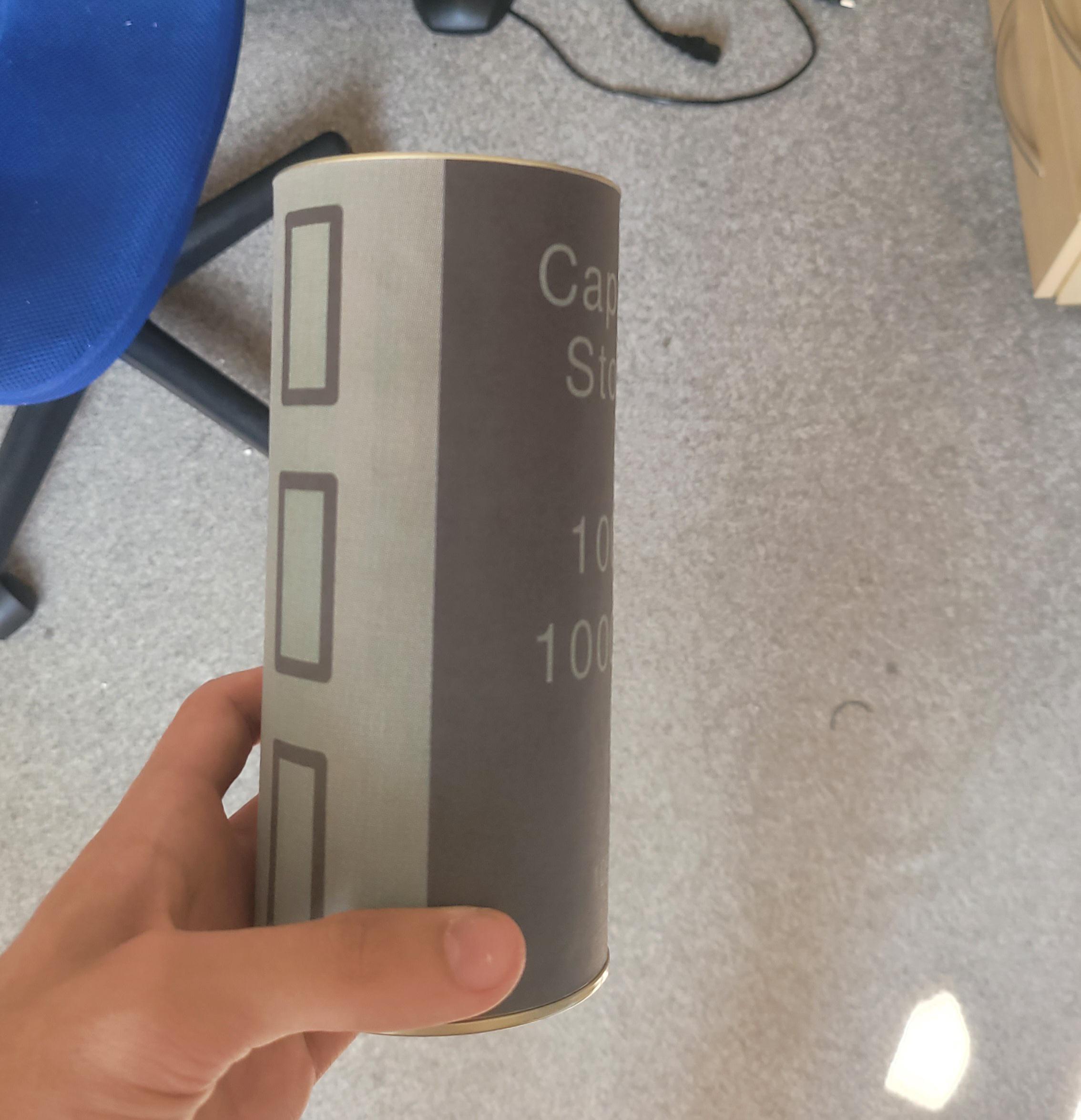 I made a capacitor storage box that looks like an electrolytic capacitor 
