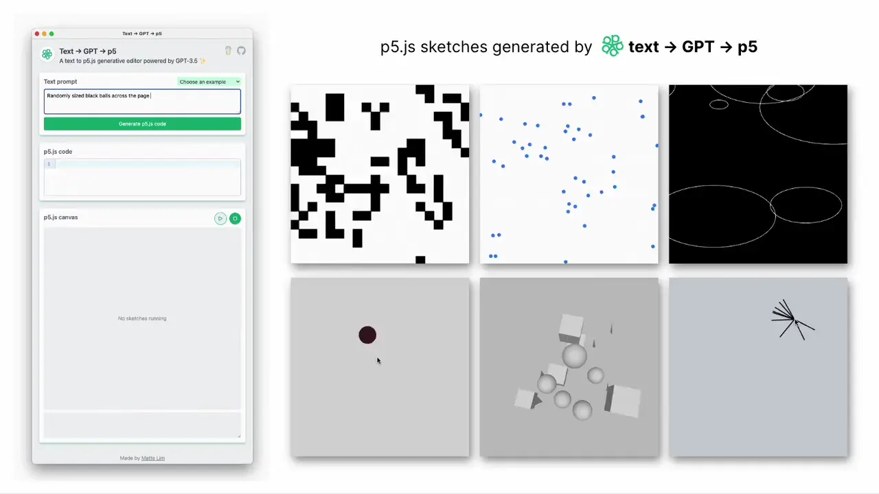 I made an app that turns text into p5js code using GPT and displays it. Try it out: https://text-gpt-p5.vercel.app/